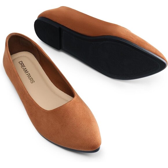Women\'s Brown Pointed Toe Comfortable Cushioned Slip On Casual Suede Ballet Flat